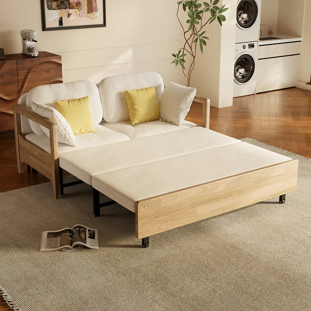 Beige sofa bed with storage space, modern convertible design