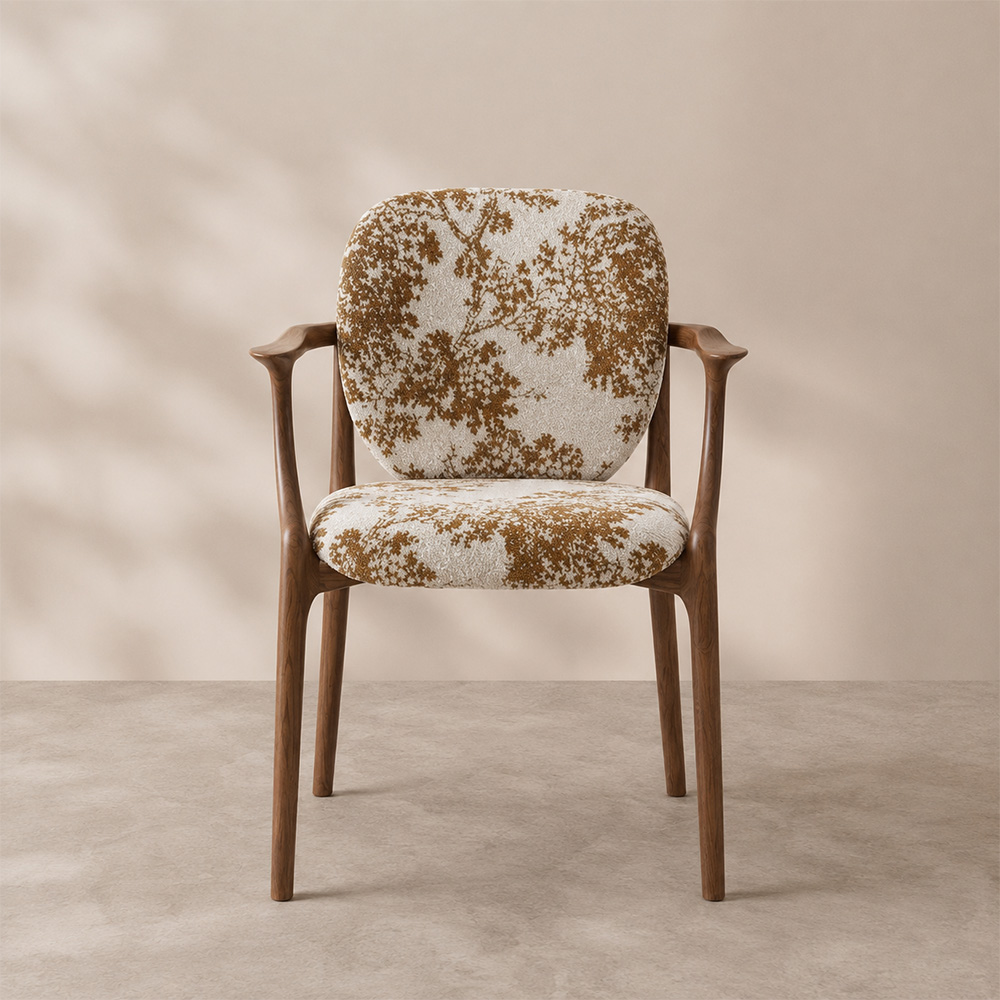 Tree Print Fabric Curved Solid Walnut Arm Mid Century Dining Chair 1 Piece