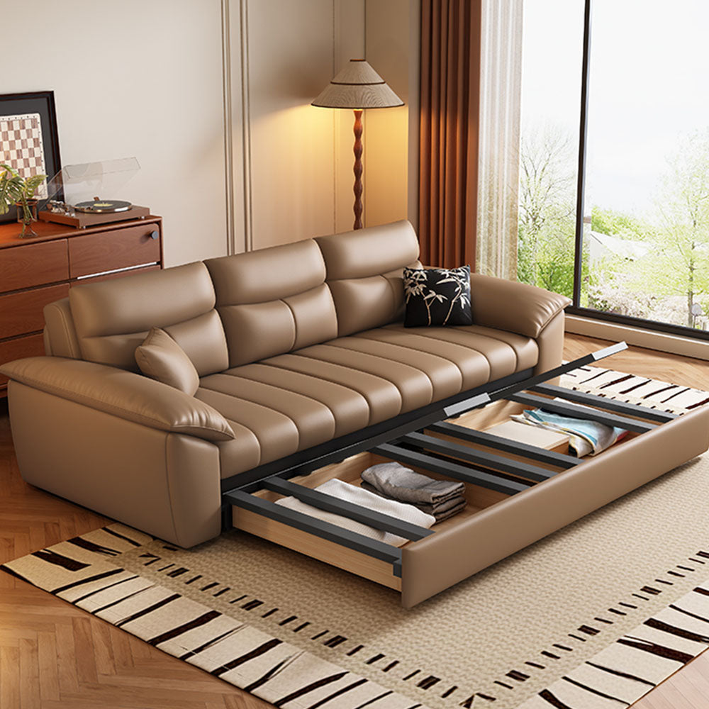 Side view of convertible sofa bed with dual storage drawers