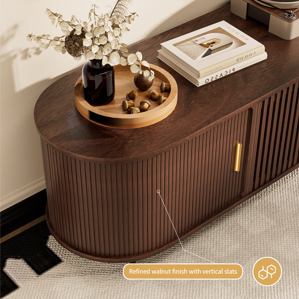 Wooden tv stand with walnut verticla slat structure