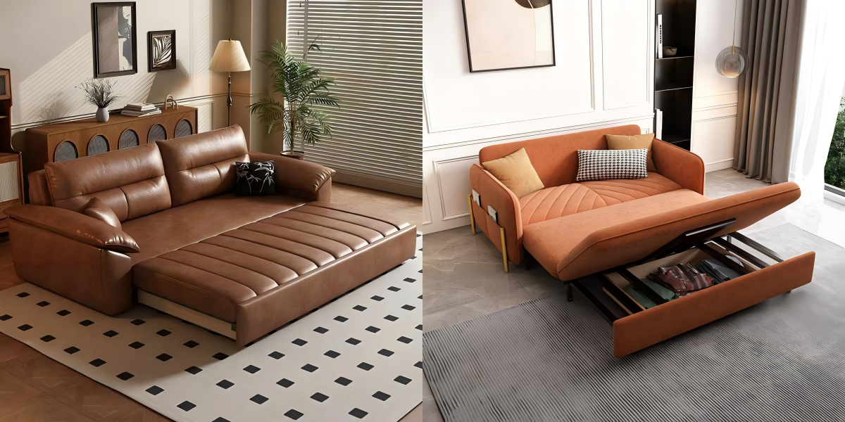 Contemporary sofa bed comparison: bulky enclosed frame vs slim convertible sofa bed with storage and open base