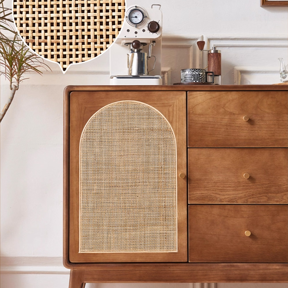 51.2" Multi Storage Solid Wood Sideboard With Woven Rattan Arched Doors Home Dining Furniture