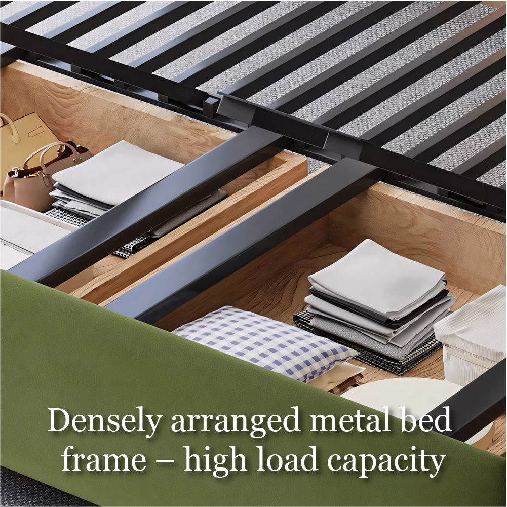 Close-up of hidden storage compartment beneath coffee table on sofa bed