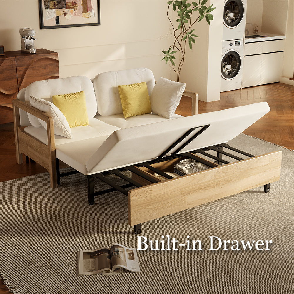 Convertible sofa bed showing seating and under-seat storage drawer open