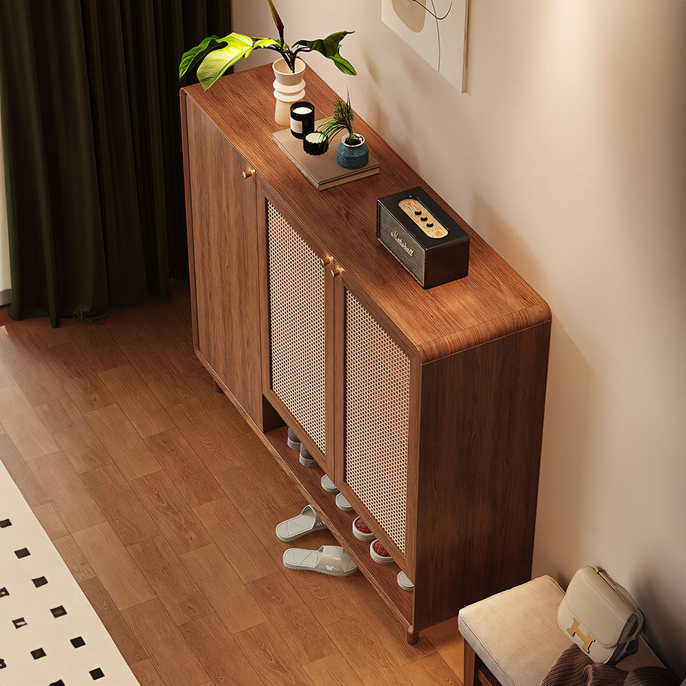 Mid-Century Rattan Shoe Cabinet with 2 Doors Walnut Wood Entryway Storage Organizer with Open Shelf