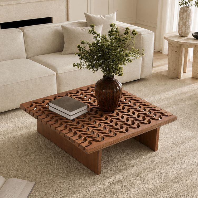 Premium Walnut Veneer Ash Wood Square Living Room Center Table