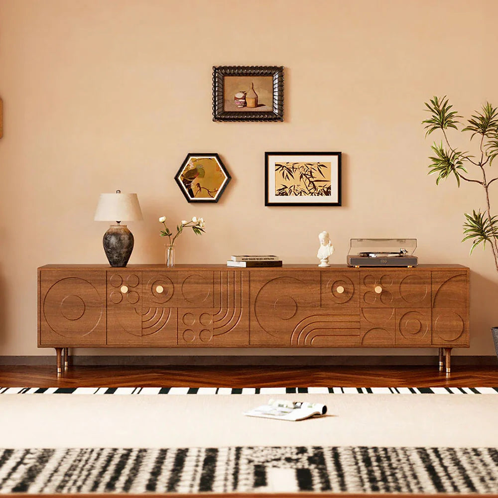 78" Retro TV Stand with Carved Geometric Pattern