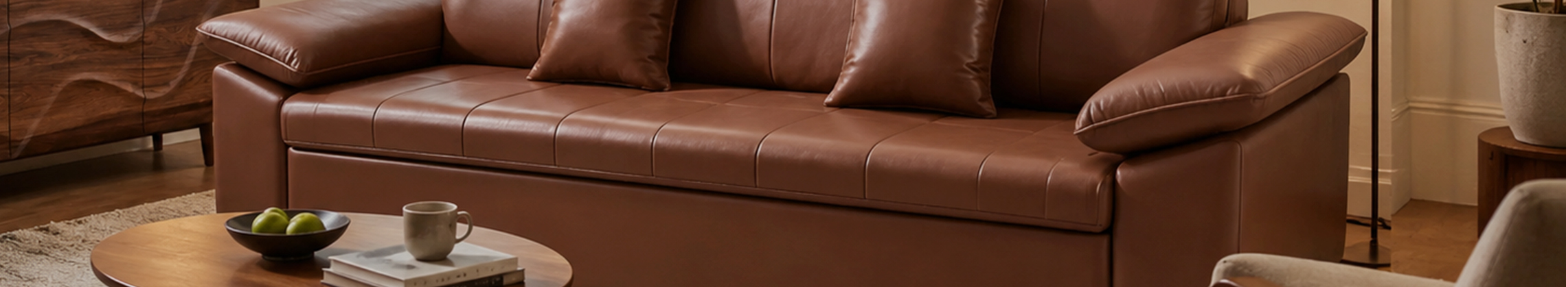 Brown leather sofa bed styled in a modern living room with cushions, coffee table, and warm ambient lighting