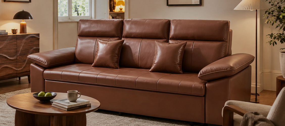 Brown leather sofa bed styled in a modern living room with cushions, coffee table, and warm ambient lighting