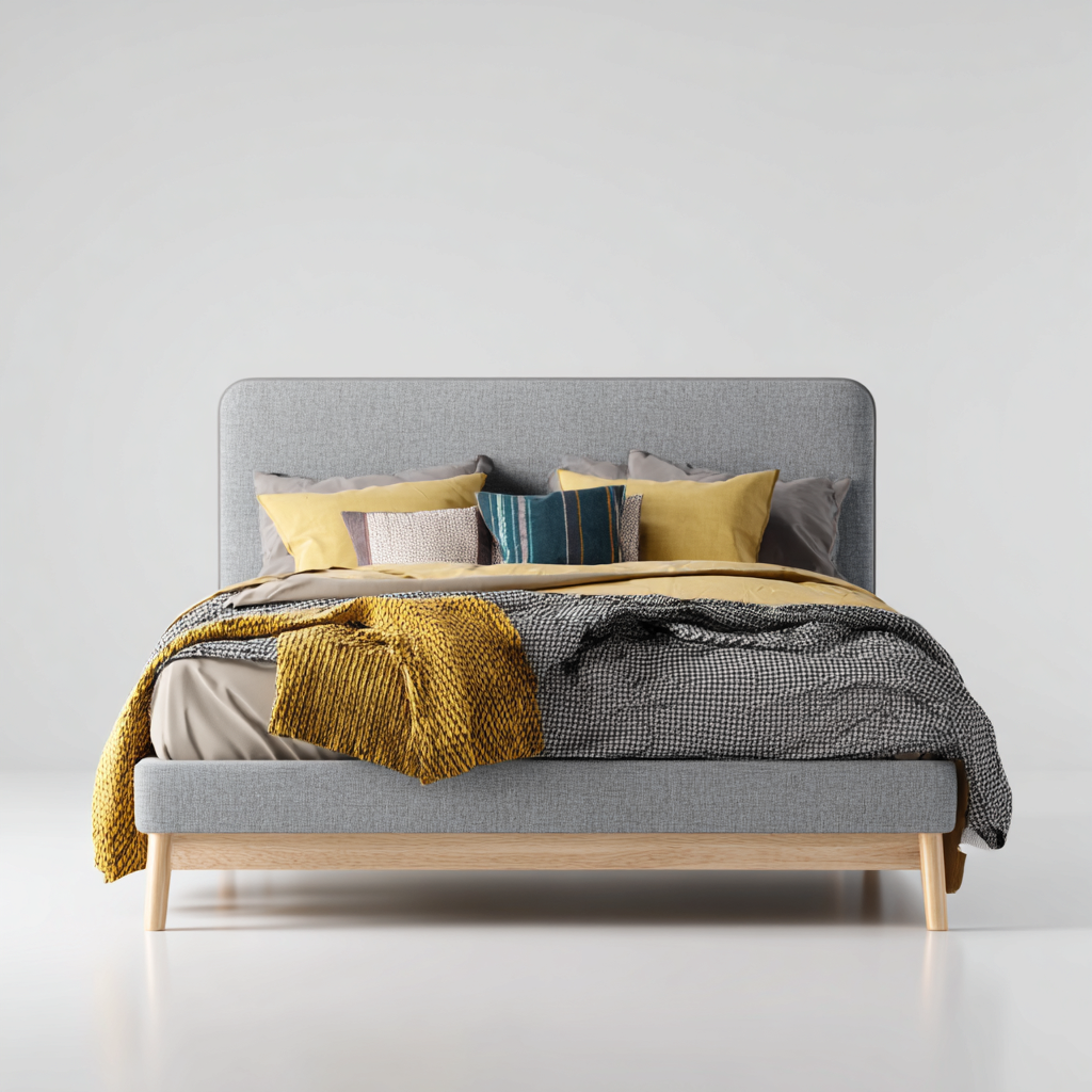 Lit double tissu et bois 203x158x106 cm - gris - design scandinave - adapté à la chambre-Shelterilo