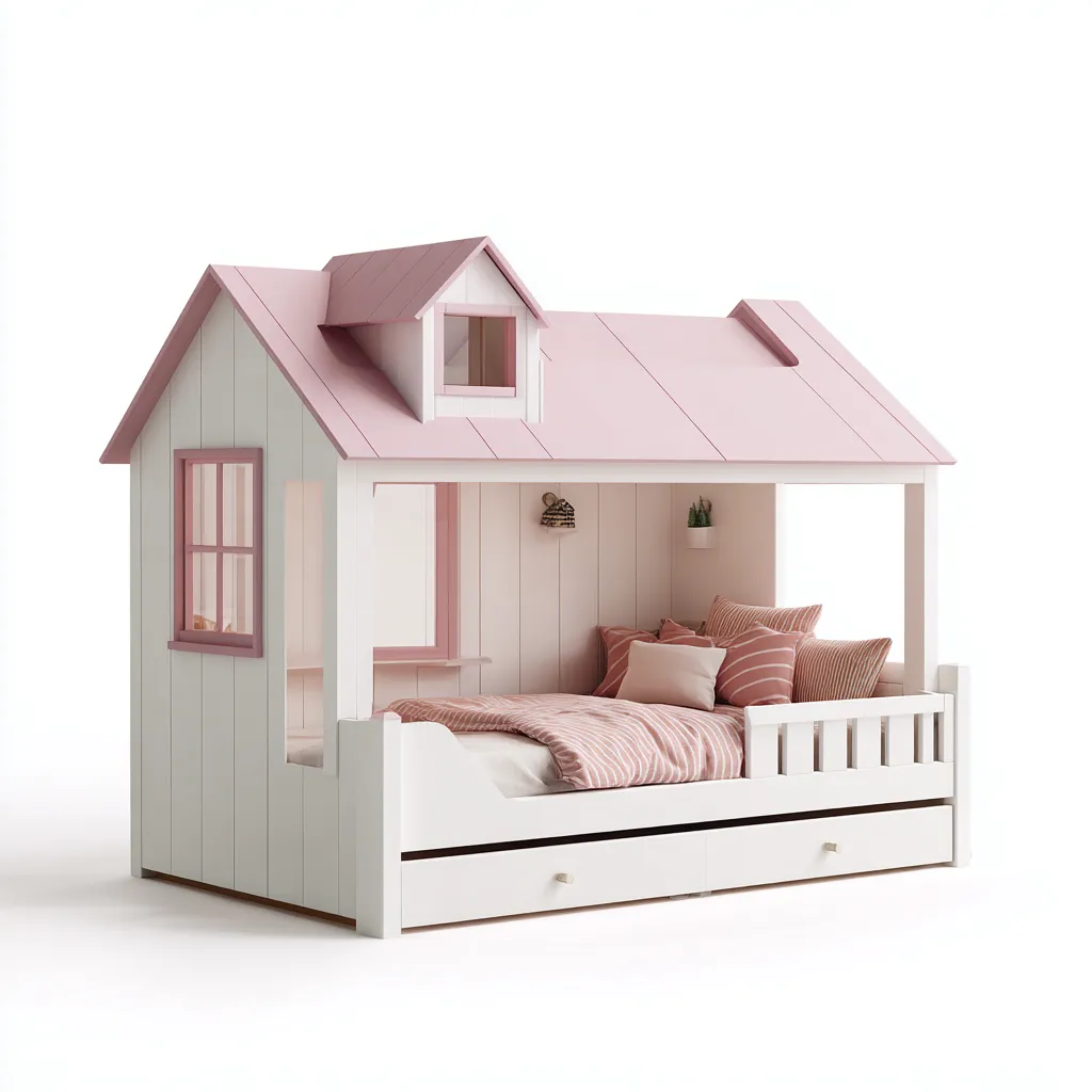 Lit enfant en bois 200x110x160 cm - blanc-rose - style maisonnette-Shelterilo
