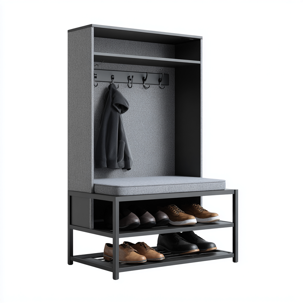 Portemanteau avec assise 80x40x165 cm - métal et tissu gris-noir - adapté à l'entrée - design moderne-Shelterilo