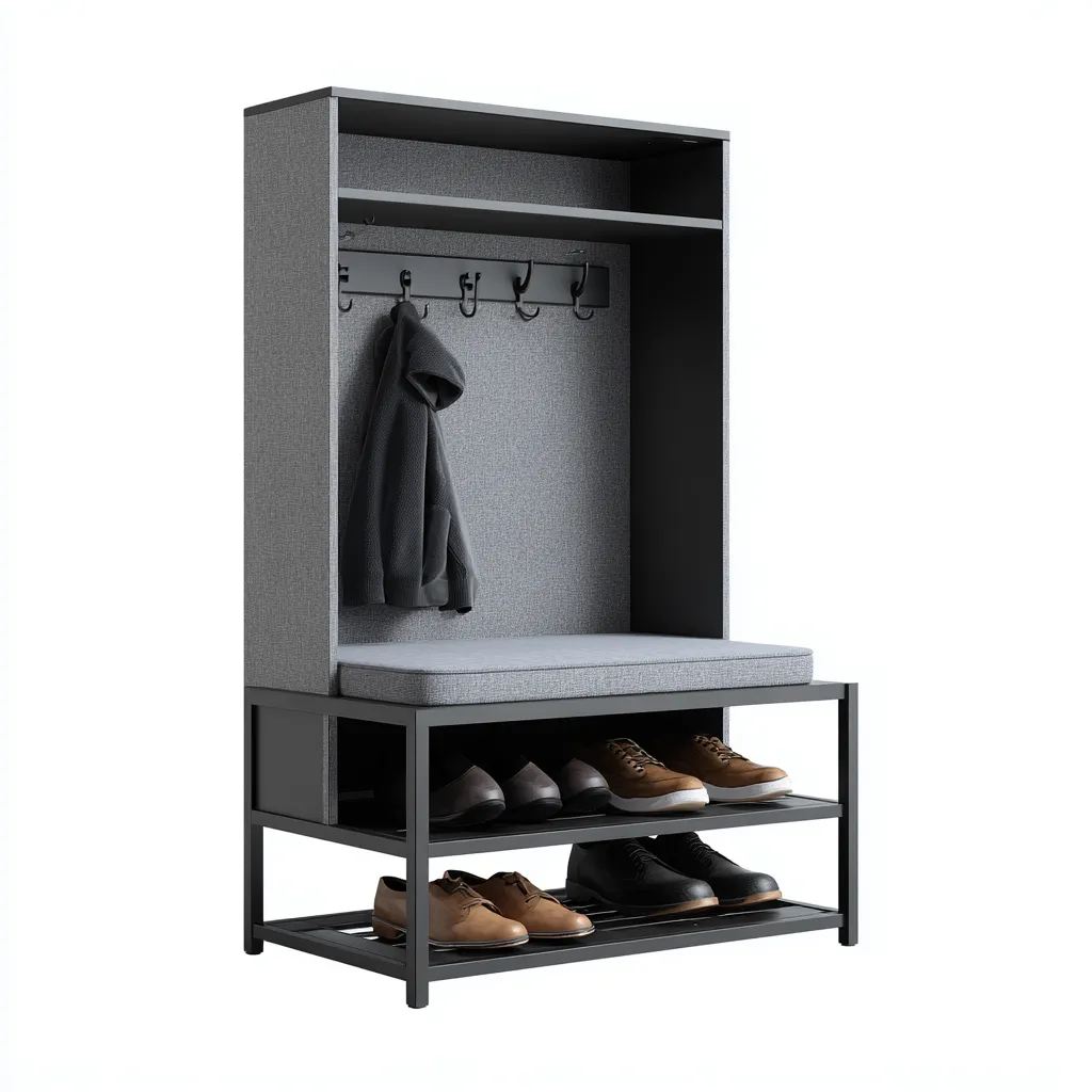 Portemanteau avec assise 80x40x165 cm - métal et tissu gris-noir - adapté à l'entrée - design moderne-Shelterilo