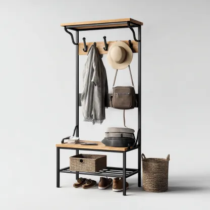 Portemanteau Métal-Bois 100x40x180 cm - Noir-Bois - Design moderne-Shelterilo