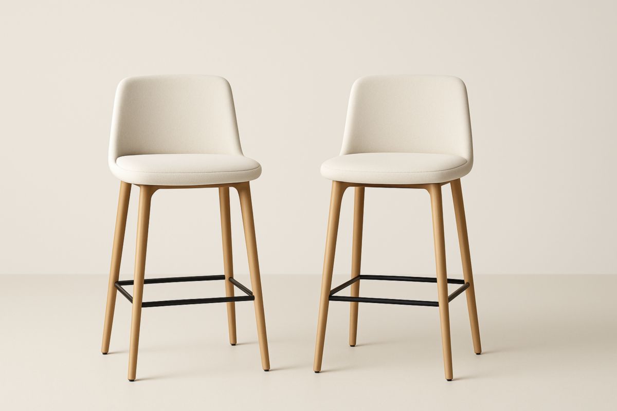 Fabric Bar Stool Set with Wooden Legs Beige
