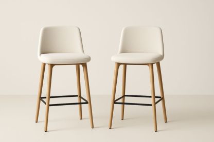 Fabric Bar Stool Set with Wooden Legs Beige