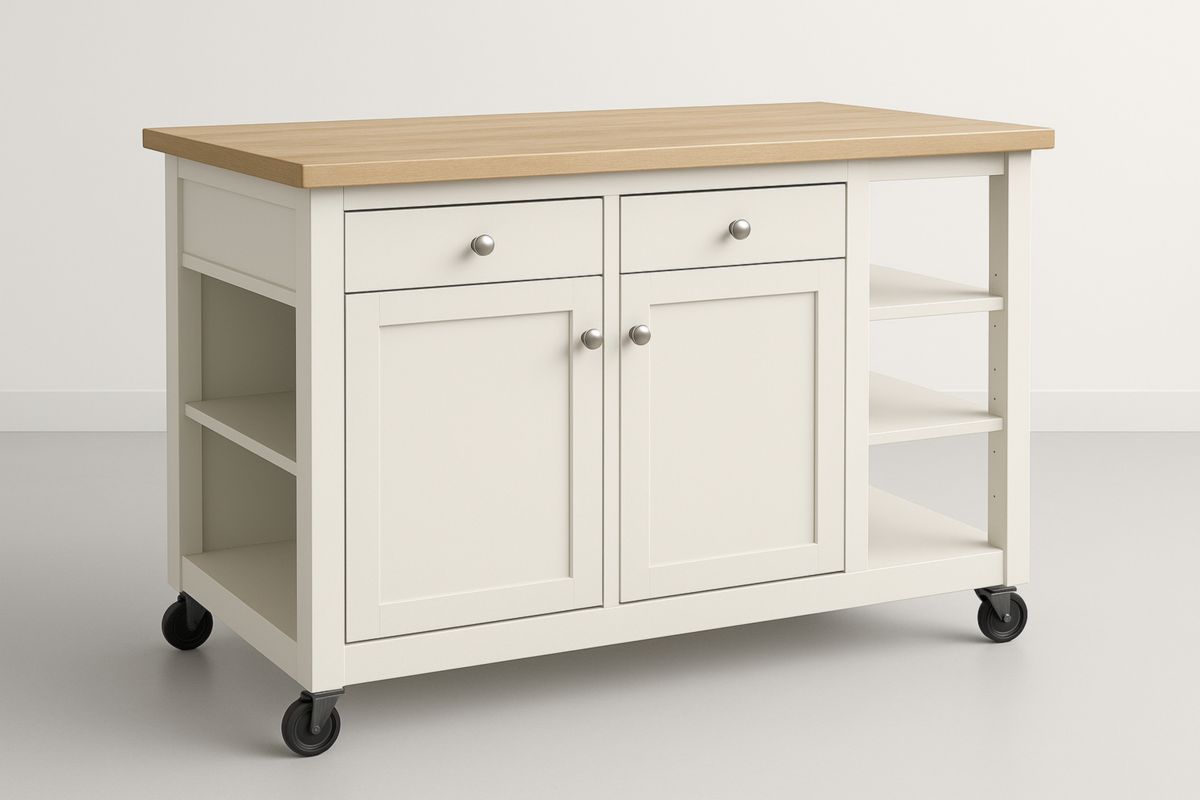 Wood and White Kitchen Island with Drawers and Cabinet, 120 x 60 x 90 cm