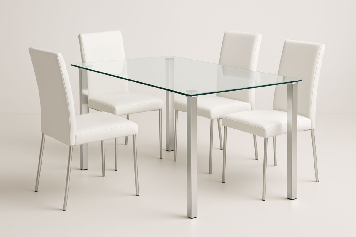 Rectangular Glass Dining Table Set with 4 Faux Leather Chairs 120cm Clear/Silver