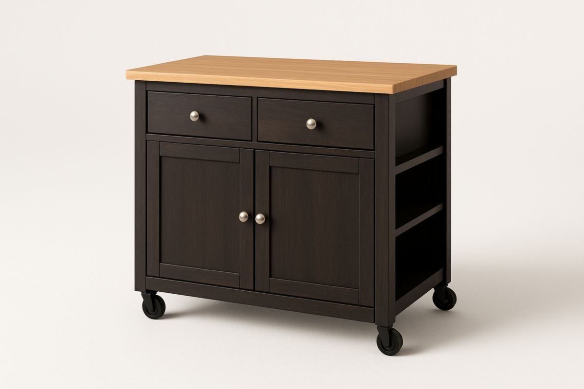 Dark Brown Wood Kitchen Island Cabinet with Oak Top and Drawers 76cm x 48cm x 90cm