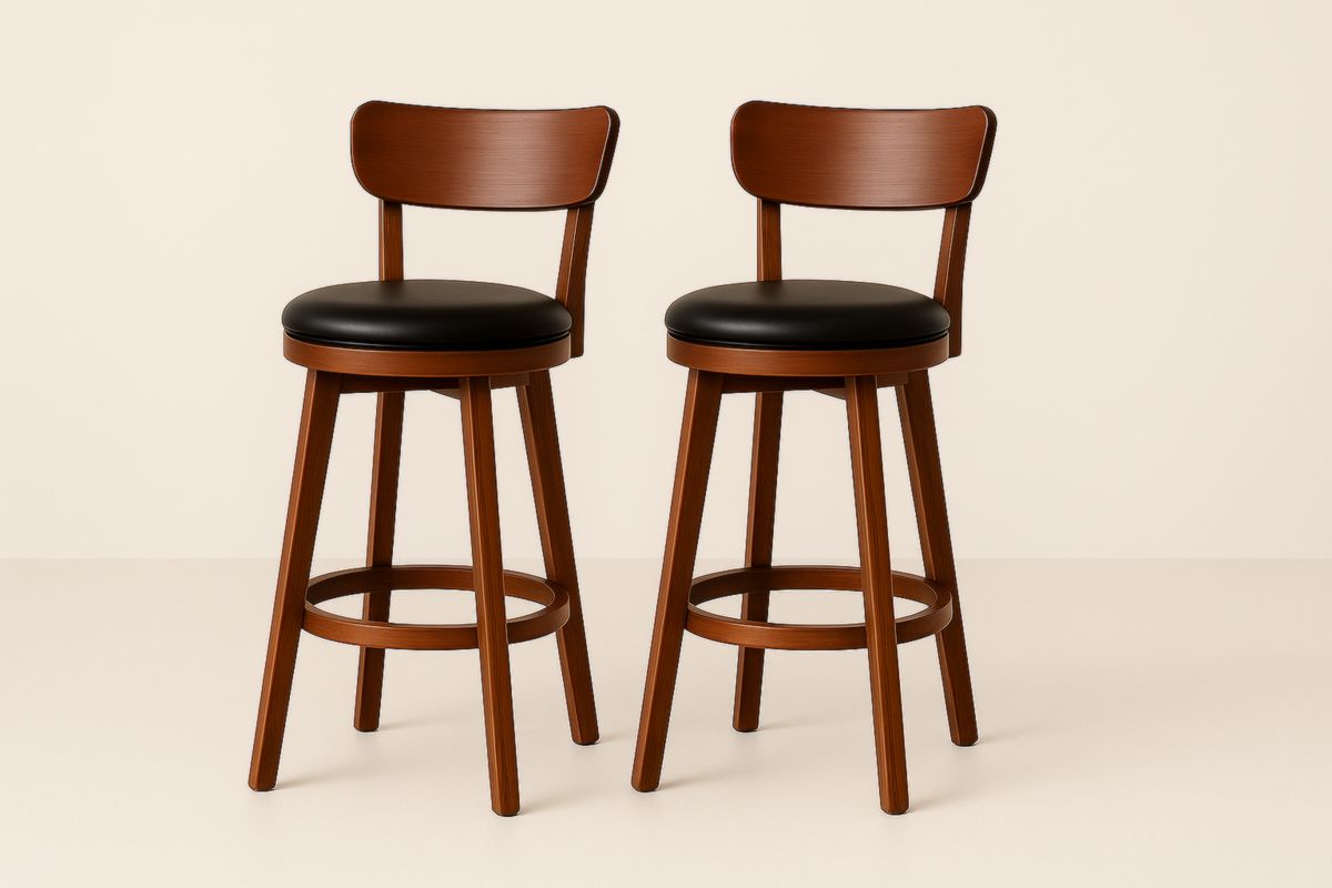 Set of 2 Wooden Swivel Bar Stools with Faux Leather Seats, Brown and Black