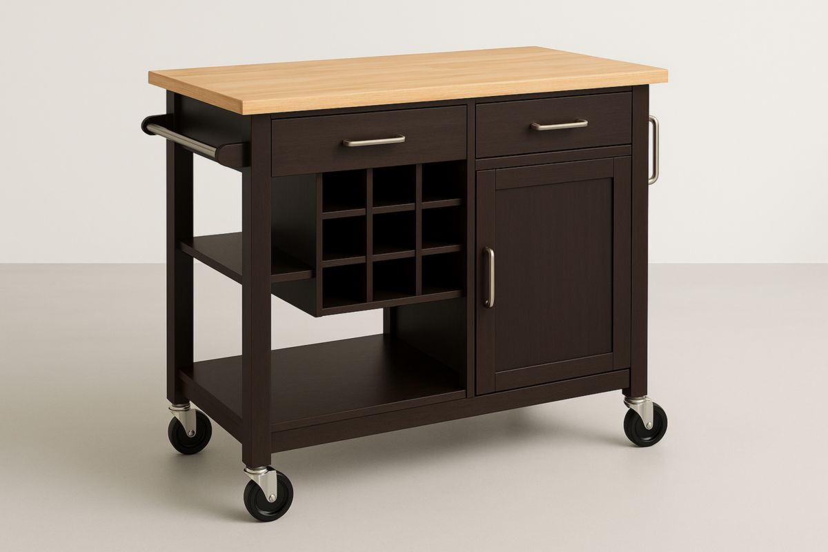 Wooden Kitchen Trolley with Dark Brown Storage Cabinet and Wine Rack