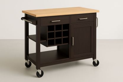 Wooden Kitchen Trolley with Dark Brown Storage Cabinet and Wine Rack