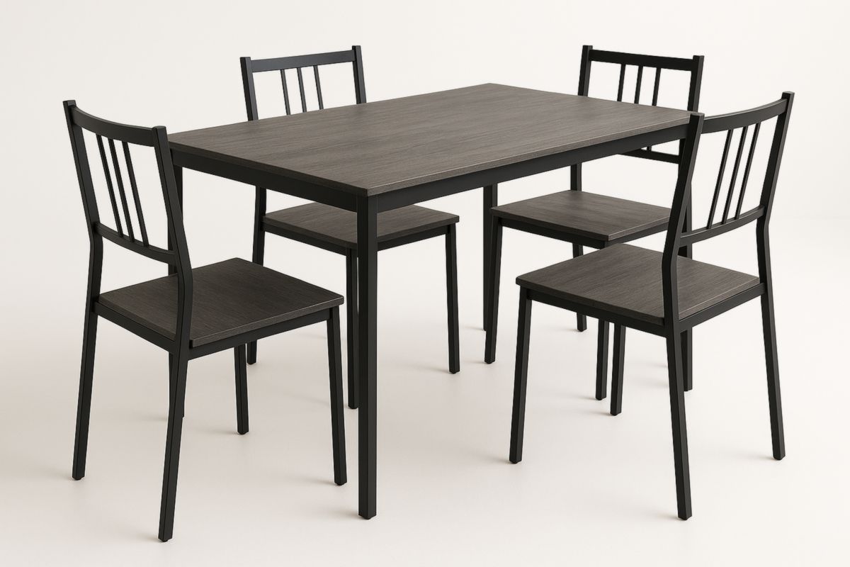 Five-piece dining table and chair set with a wood veneer finish and a charcoal black aluminum alloy frame