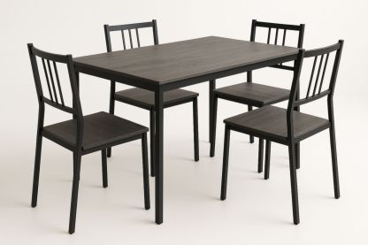 Five-piece dining table and chair set with a wood veneer finish and a charcoal black aluminum alloy frame
