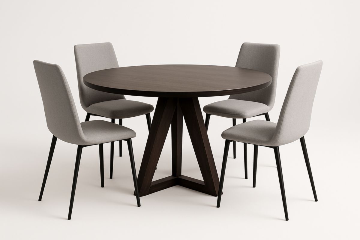 Round Dining Table and Chair Set Wood and Fabric Grey/Brown
