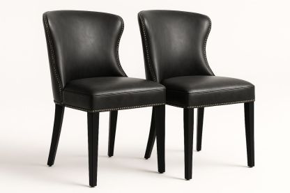 Set of 2 Black PU Leather Dining Chairs with Nailhead Trim-navilentro