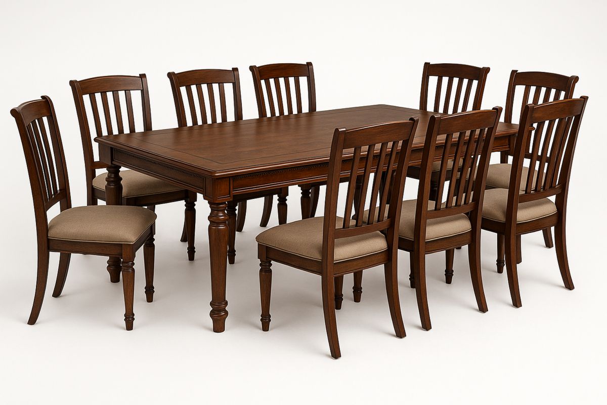 Brown Wood Dining Table Set with 8 Upholstered Chairs-navilentro