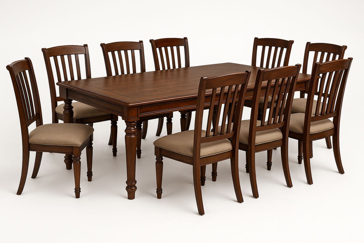 Brown Wood Dining Table Set with 8 Upholstered Chairs-navilentro