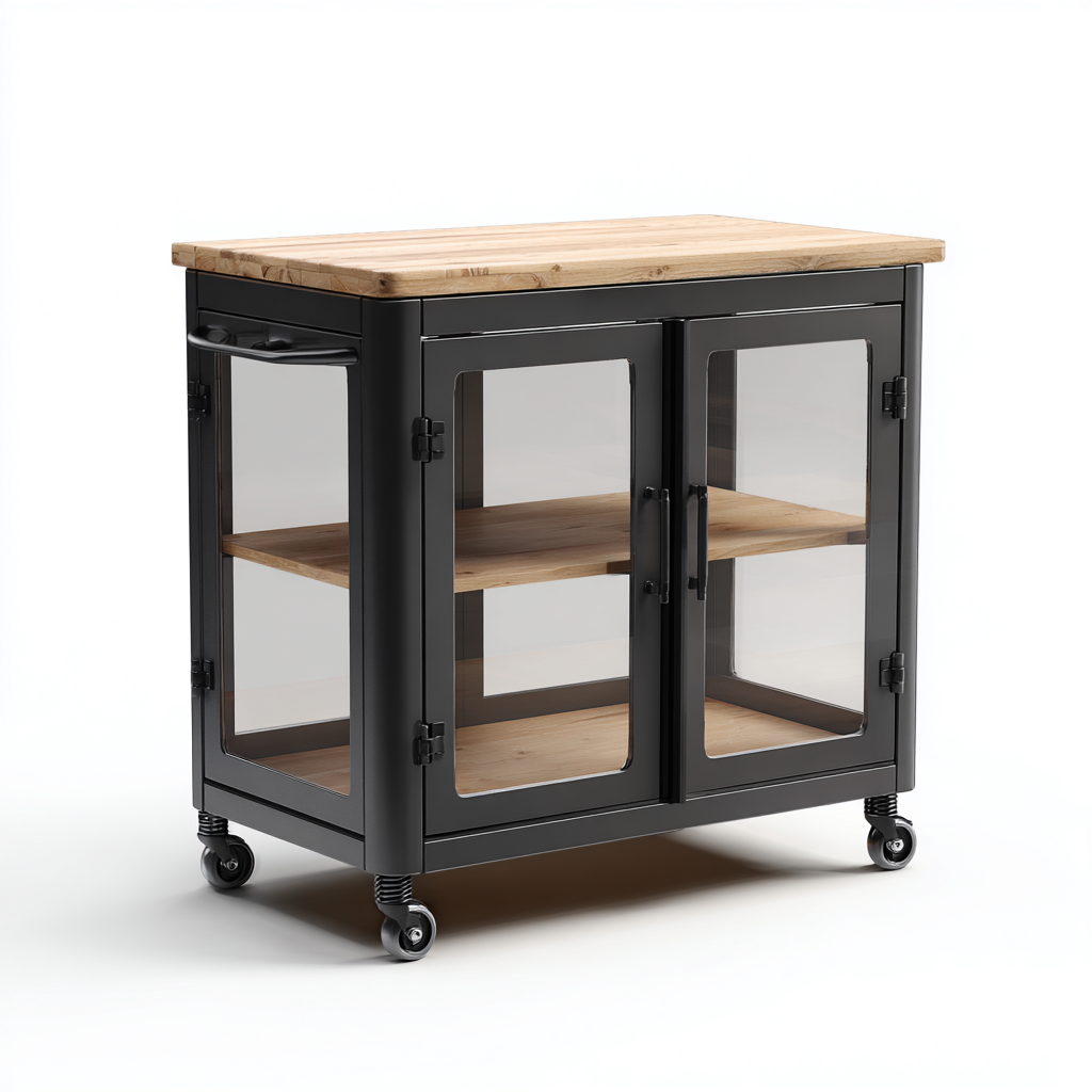 Carrello da cucina-metallo-legno massello-vetro-92x52x93 cm-nero-naturale-design industrial-Villause