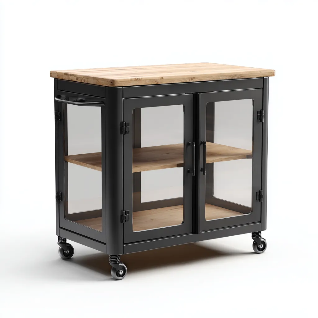 Carrello da cucina-metallo-legno massello-vetro-92x52x93 cm-nero-naturale-design industrial-Villause