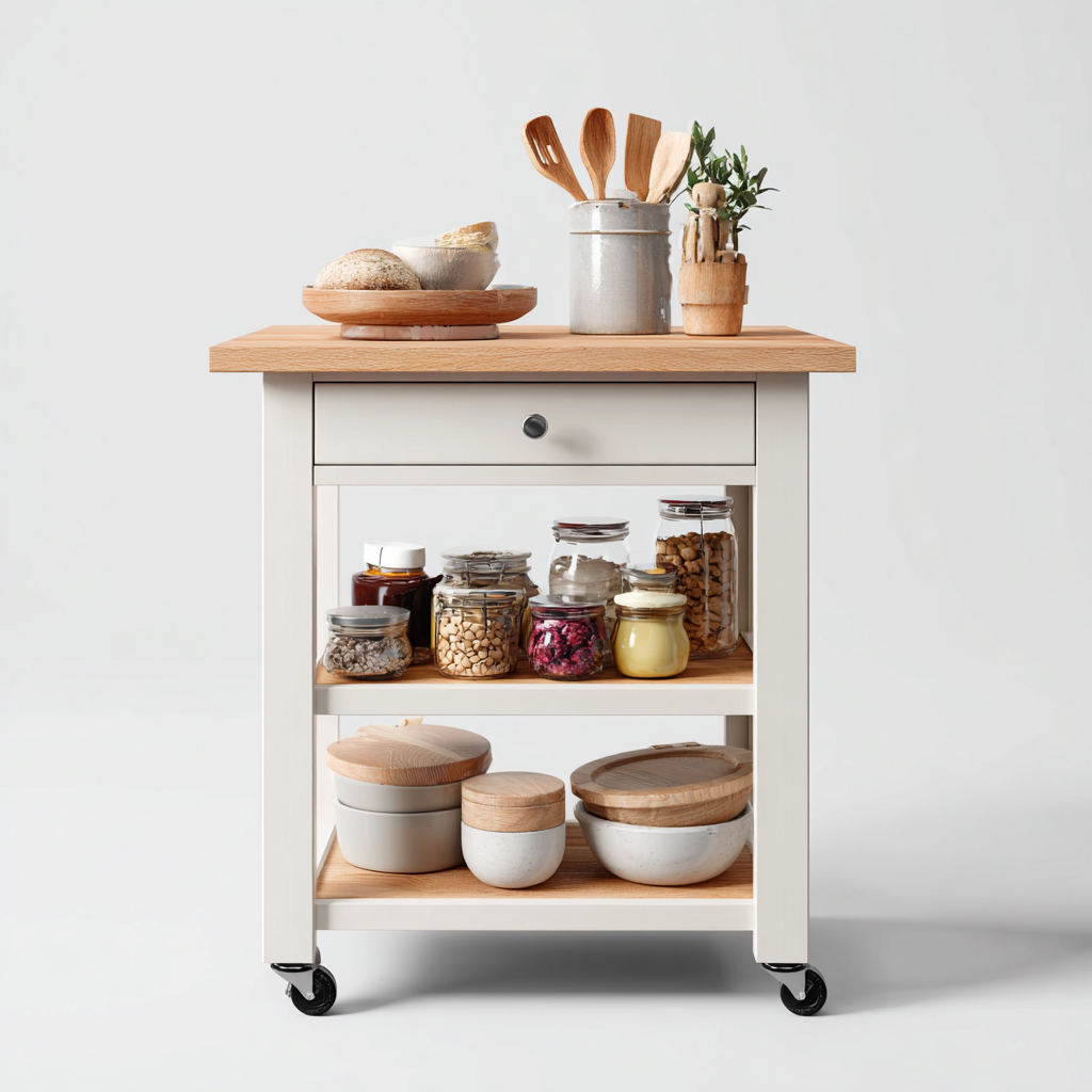 Carrello da cucina-legno massello-metallo-86x52x90 cm-bianco-naturale-design moderno-Villause