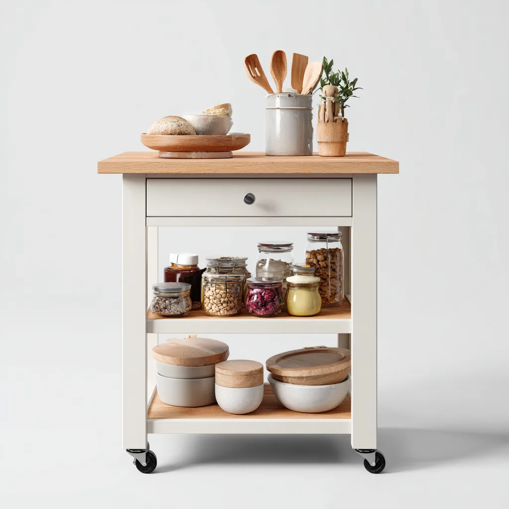 Carrello da cucina-legno massello-metallo-86x52x90 cm-bianco-naturale-design moderno-Villause