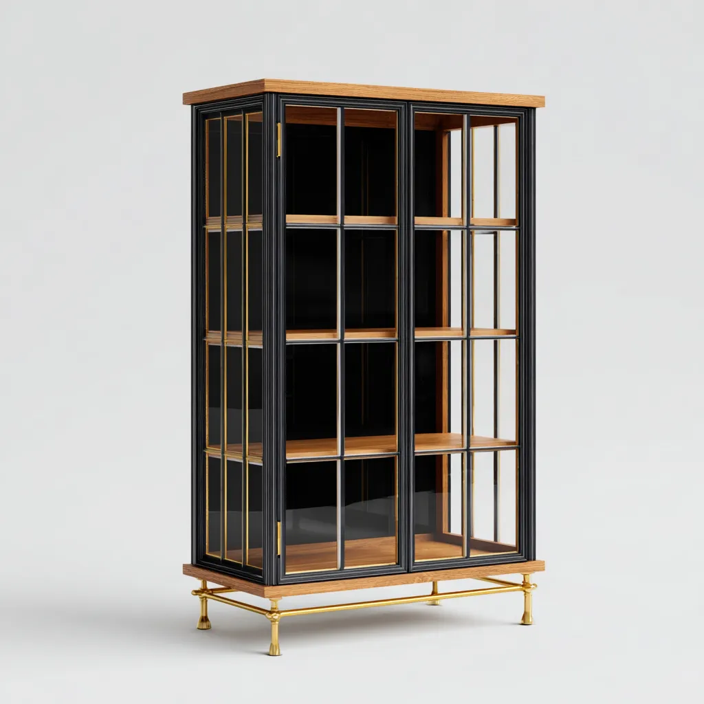 Vetrina - legno-metallo-vetro - 104x40x174 cm - nero-oro-naturale - stile classico-Villause