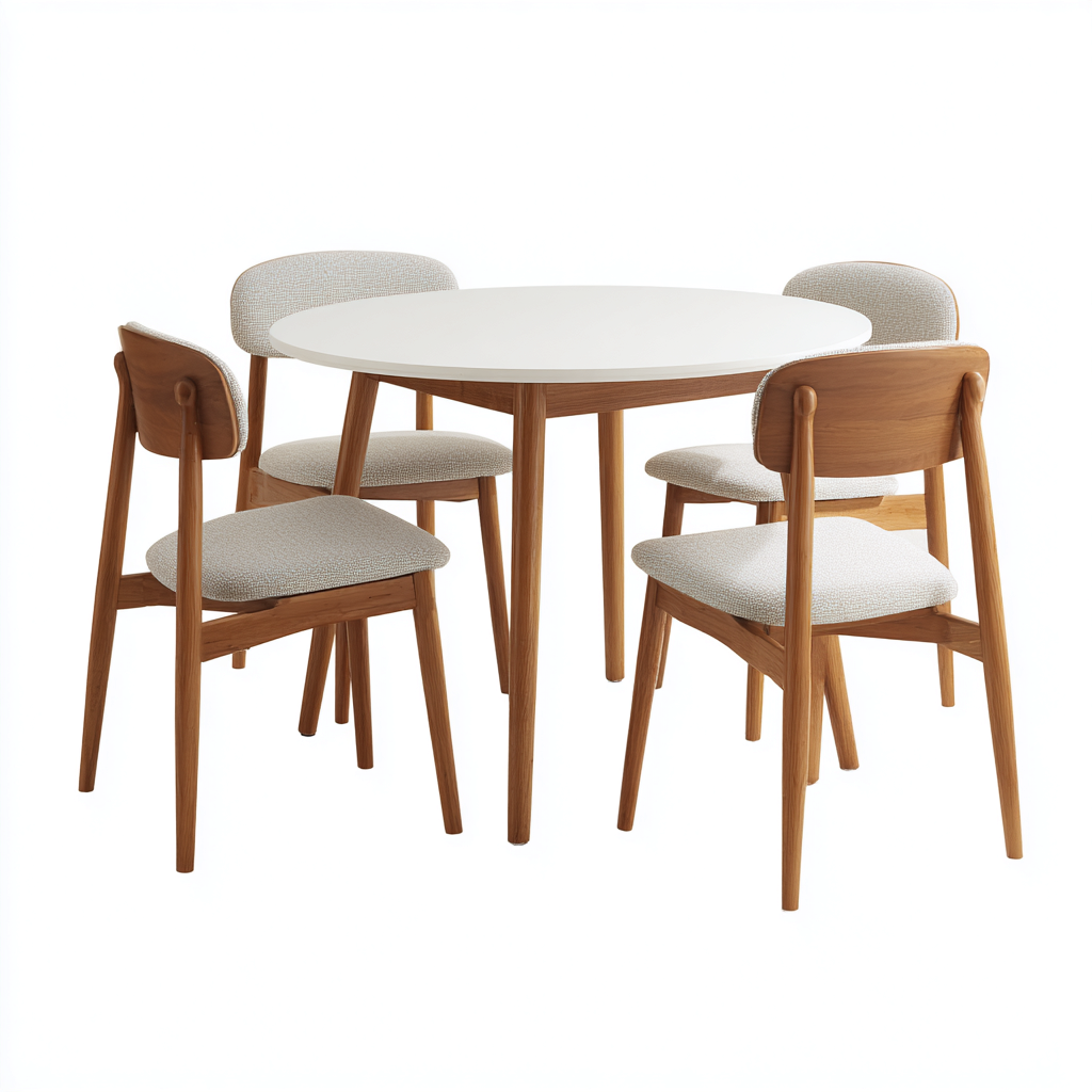 Tavolo e Sedie da Pranzo - Legno-Tessuto - 110x110x75 cm - Bianco-Naturale - Moderno-Villause