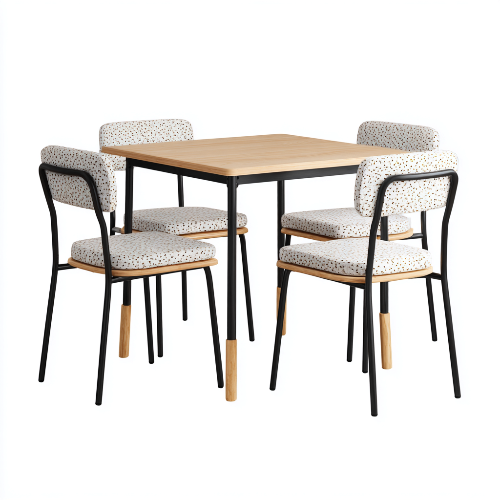 Tavolo e Sedie da Pranzo - Legno-Metallo-Tessuto - 110x110x75 cm - Naturale-Nero-Bianco - Moderno-Villause