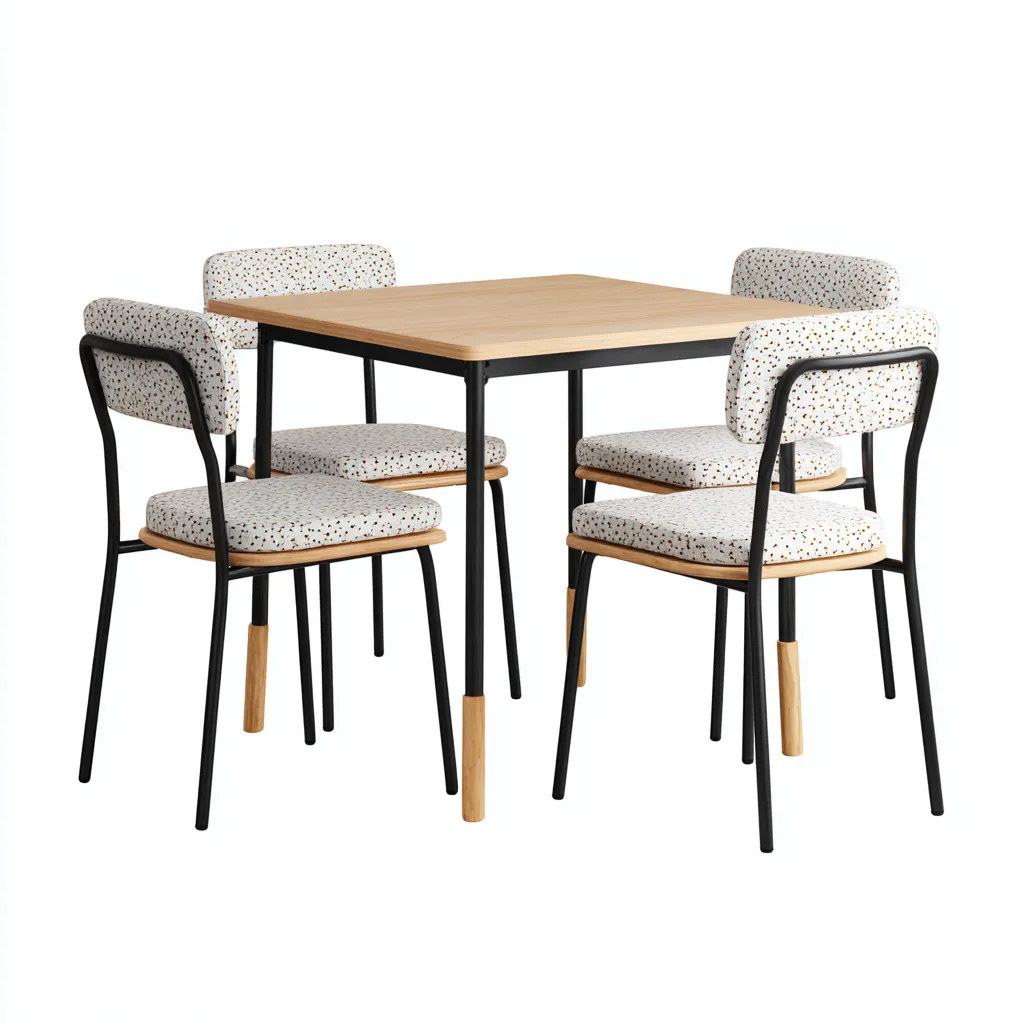 Tavolo e Sedie da Pranzo - Legno-Metallo-Tessuto - 110x110x75 cm - Naturale-Nero-Bianco - Moderno-Villause