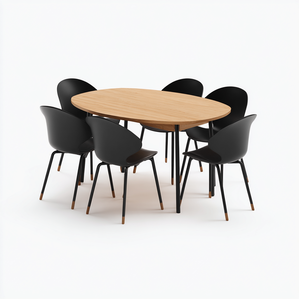 Tavolo e Sedie da Pranzo - Legno-Metallo-Plastica - 160x95x75 cm - Naturale-Nero - Moderno-Villause