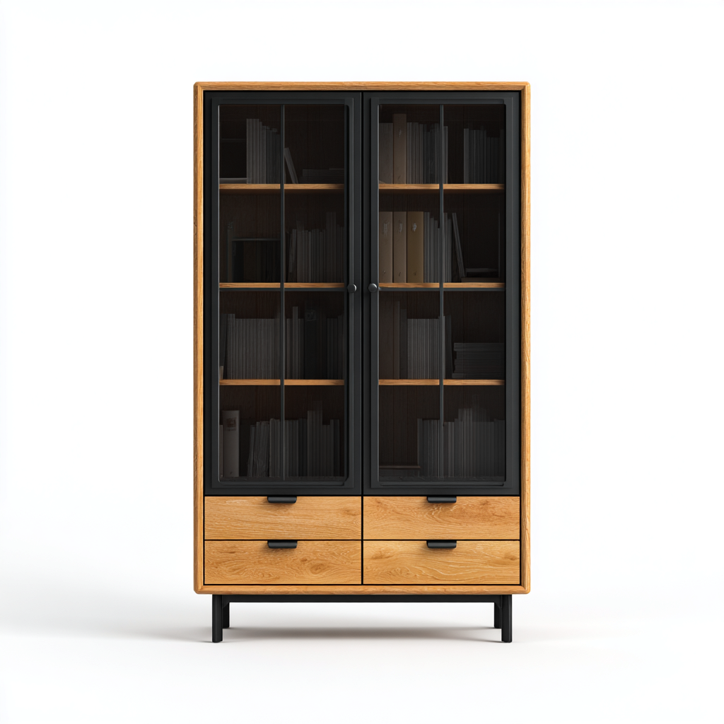 Vetrina - legno-metallo-vetro - 95x42x185 cm - naturale-nero - design moderno-Villause