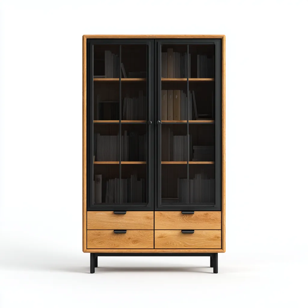 Vetrina - legno-metallo-vetro - 95x42x185 cm - naturale-nero - design moderno-Villause