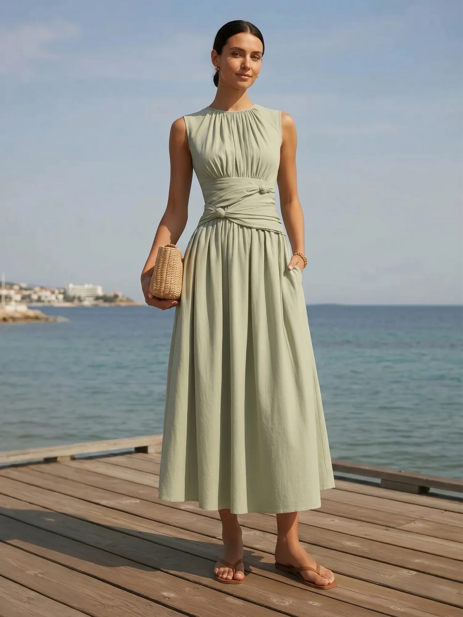 Sleeveless Round Neck Waist-Knot Midi Evening Dress