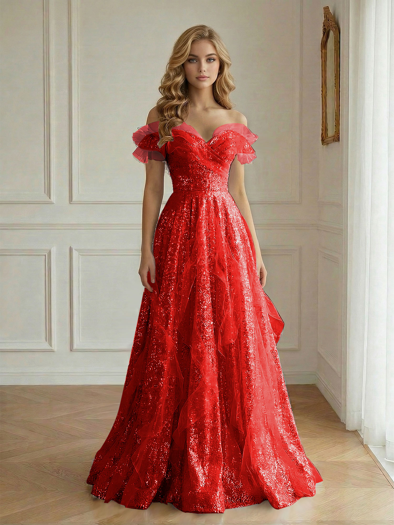 Enchanting Off-the-Shoulder Sequin Tulle A-Line Gown with Ruffled Detailing