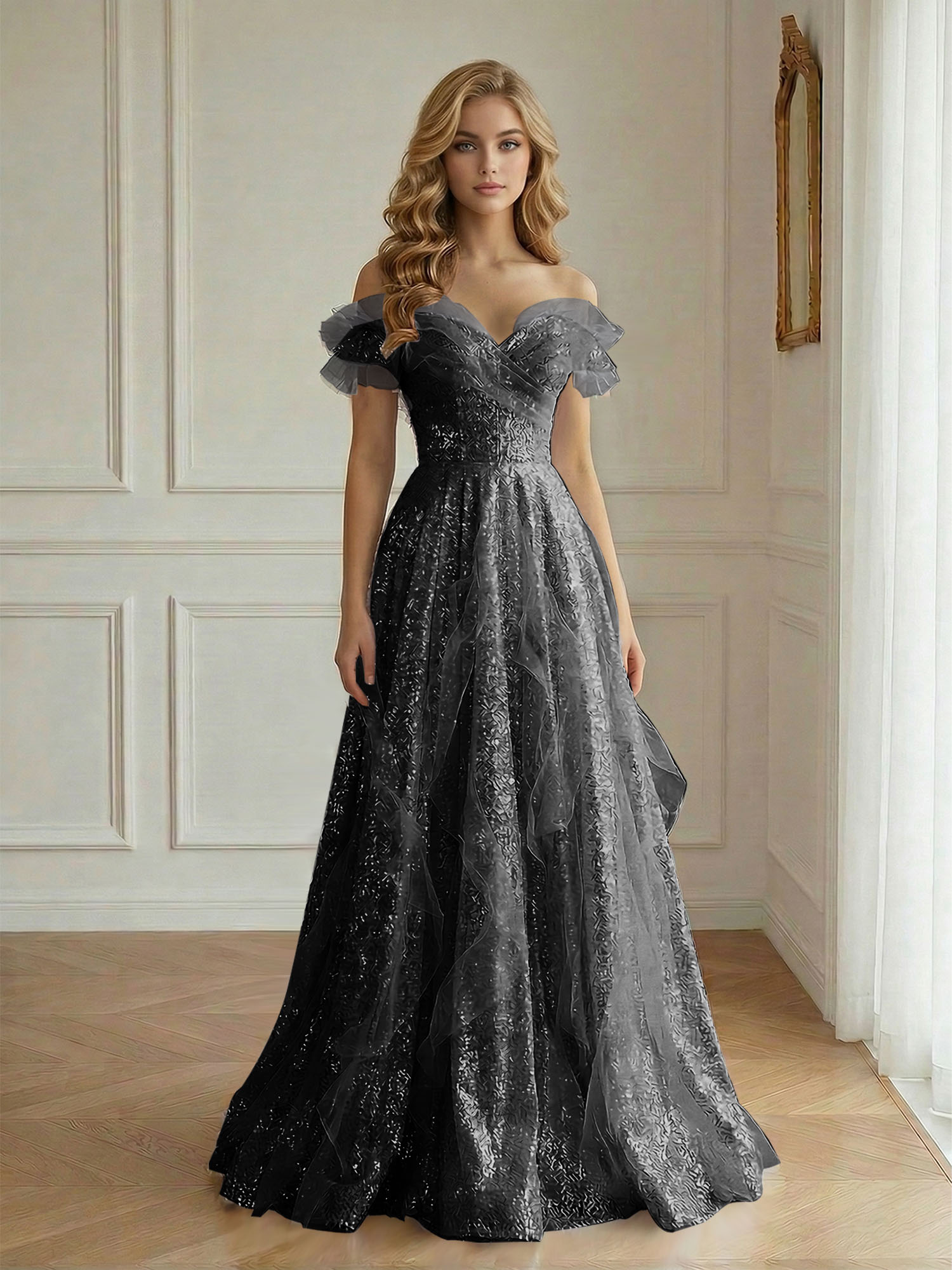 Enchanting Off-the-Shoulder Sequin Tulle A-Line Gown with Ruffled Detailing