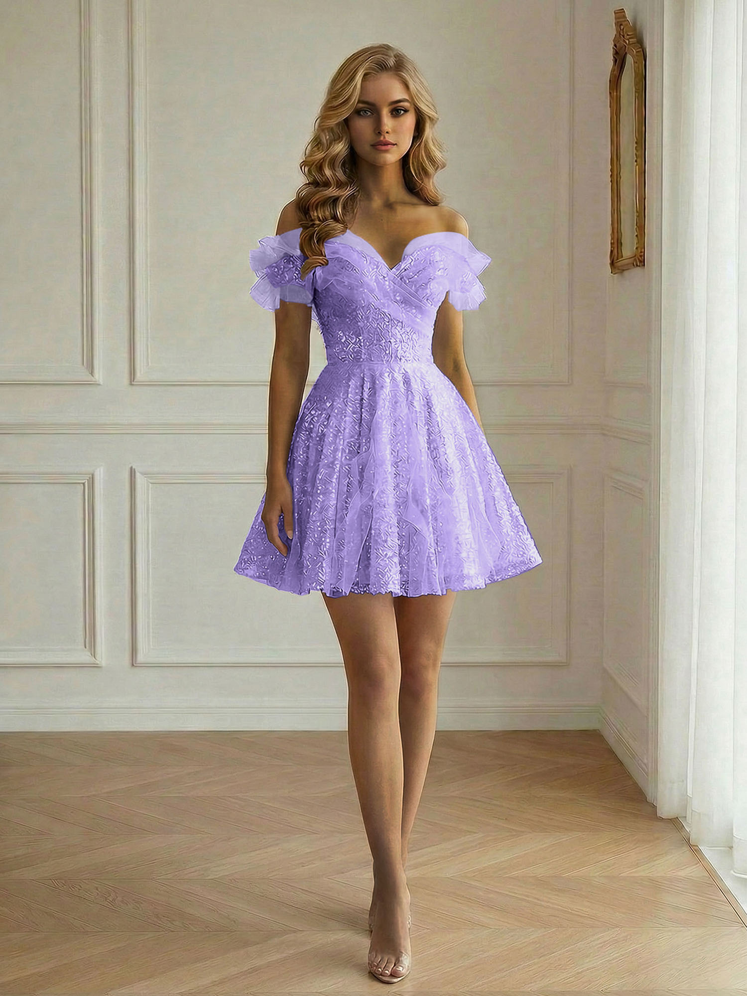 Enchanting Off-the-Shoulder Ruffled Sequin A-Line Short Dress with Corset Back