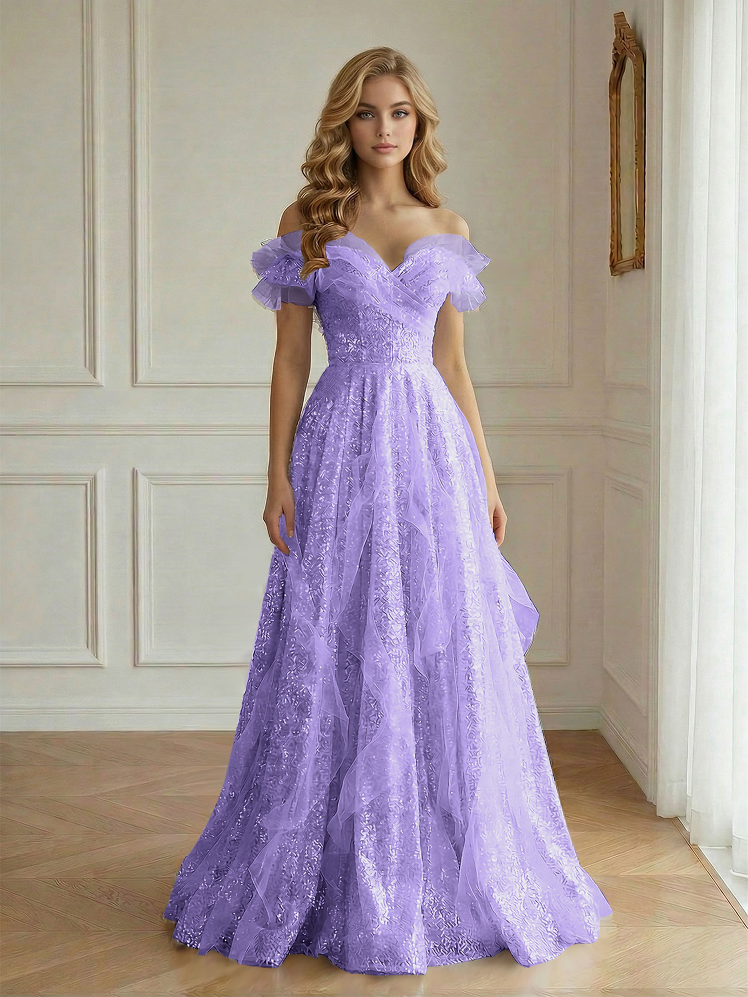 Enchanting Off-the-Shoulder Sequin Tulle A-Line Gown with Ruffled Detailing