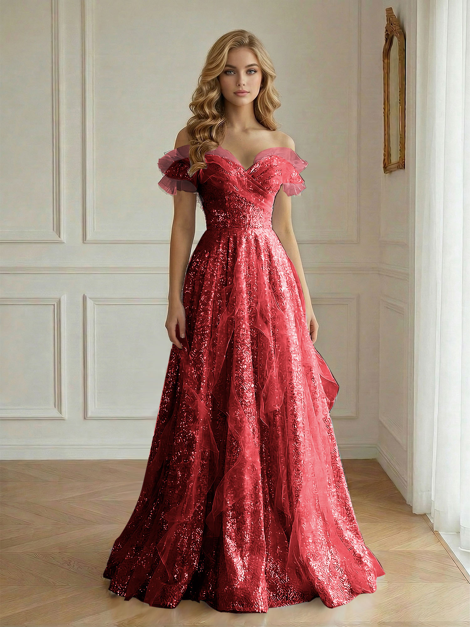 Enchanting Off-the-Shoulder Sequin Tulle A-Line Gown with Ruffled Detailing