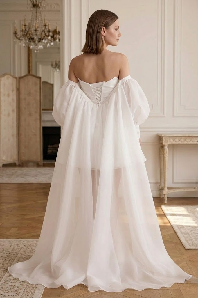 White Strapless Tulle A-Line Mini Wedding Dress with Cape